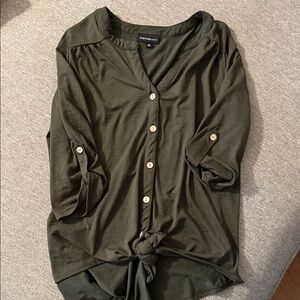 Dark Olive Button-Down Shirt with Tie-Front